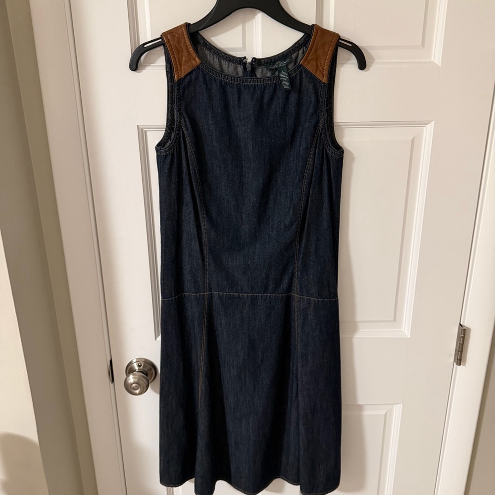 Vintage Lauren Ralph Lauren denim dress leather accents A-line sleeveless Size 2